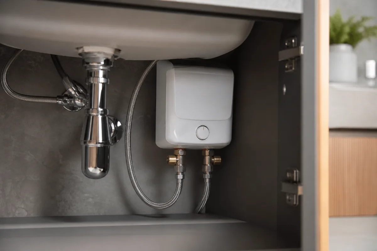 Chauffe-eau instantané électrique compact fixé sous un lavabo de salle d’eau
