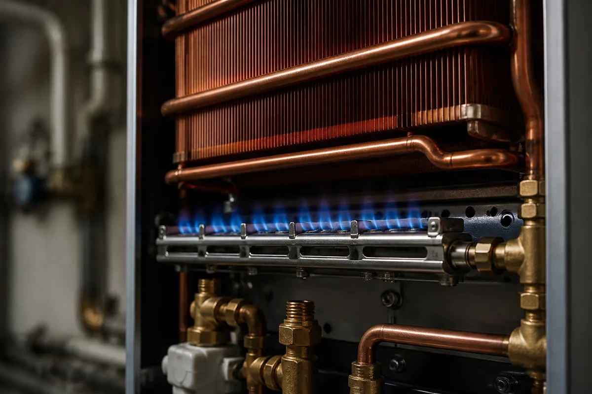 Brûleur gaz d’un chauffe-eau instantané mural avec ses raccordements en cuivre