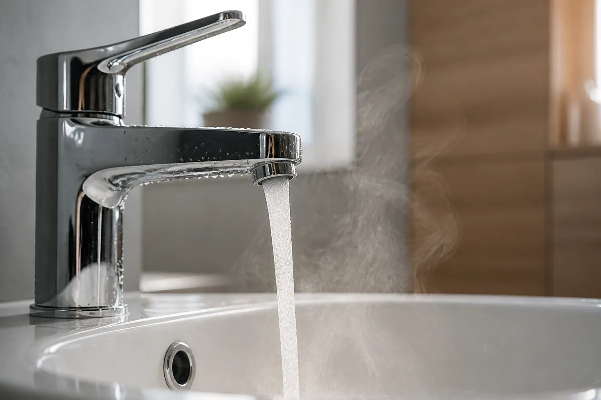 Robinet ouvert au-dessus d’un lavabo, jet d’eau chaude et vapeur légère