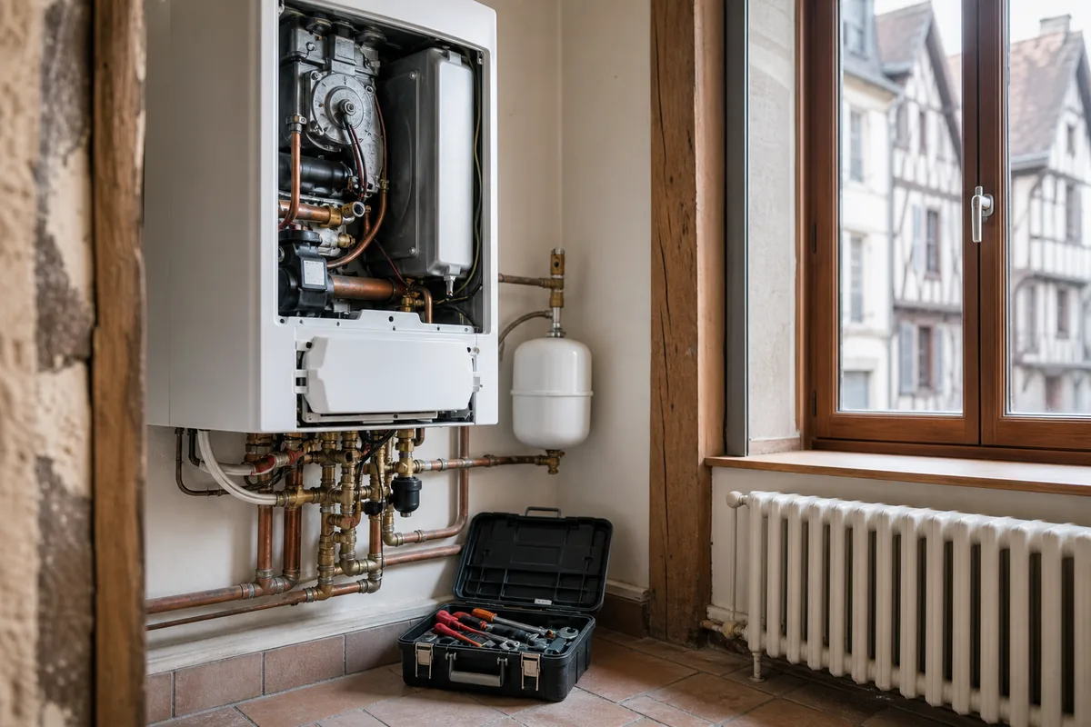 Chaudière murale à gaz ouverte pour un contrôle d’entretien dans une maison ancienne