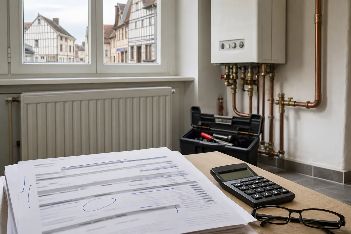 Devis de travaux de chauffage annoté sur une table avec calculatrice et lunettes