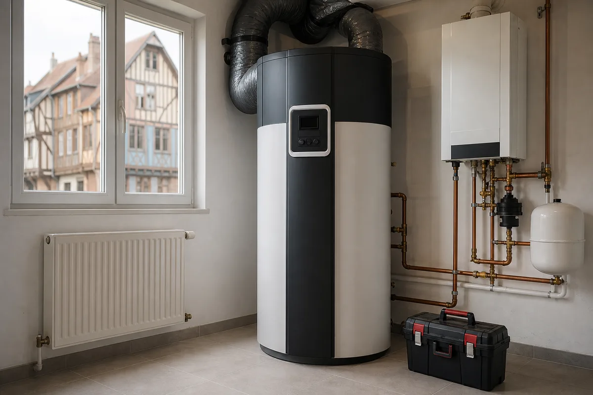 Chauffe-eau thermodynamique installé dans un garage avec gaine de raccordement