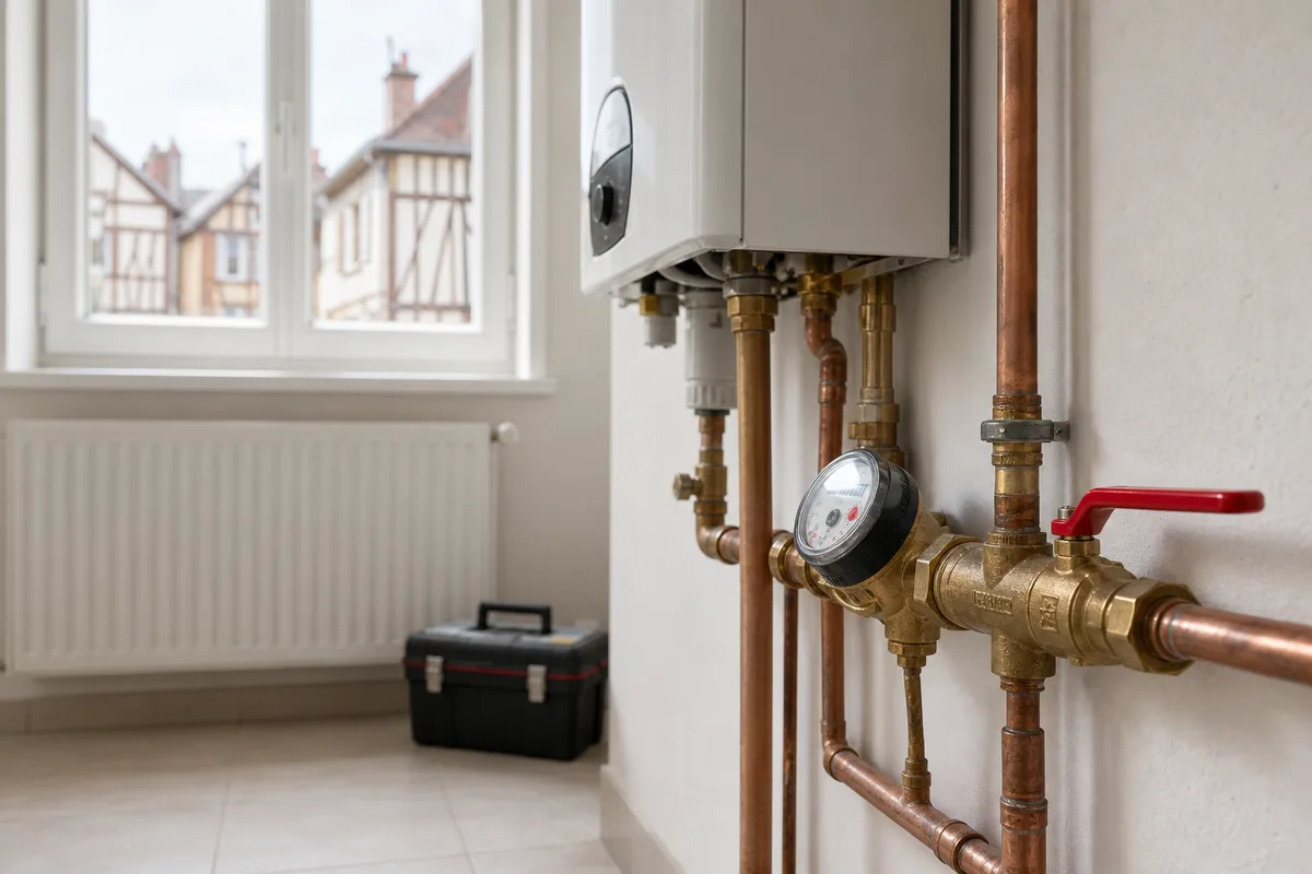 Compteur d&rsquo;eau et robinet d&rsquo;arrêt général dans un local technique
