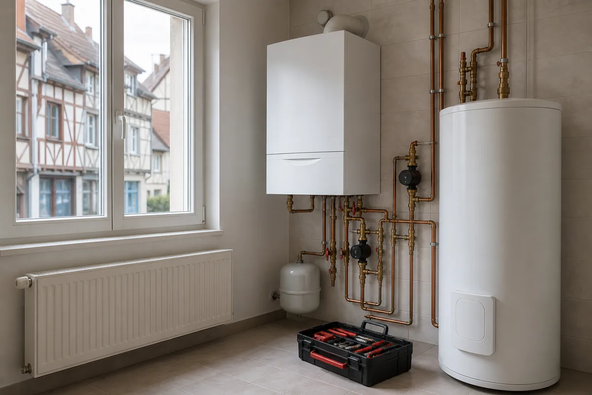 Chaudière murale à gaz et radiateur en fonte dans une maison ancienne de l’Aube, manomètre en gros plan
