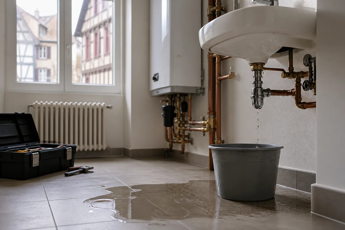 Fuite d’eau sous un lavabo avec seau et flaque sur le carrelage